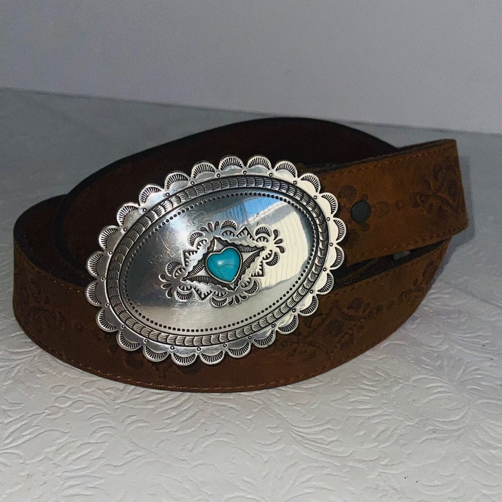 Justin Embossed Suede Leather Western Belt Oval Turquoise Heart Buckle 38